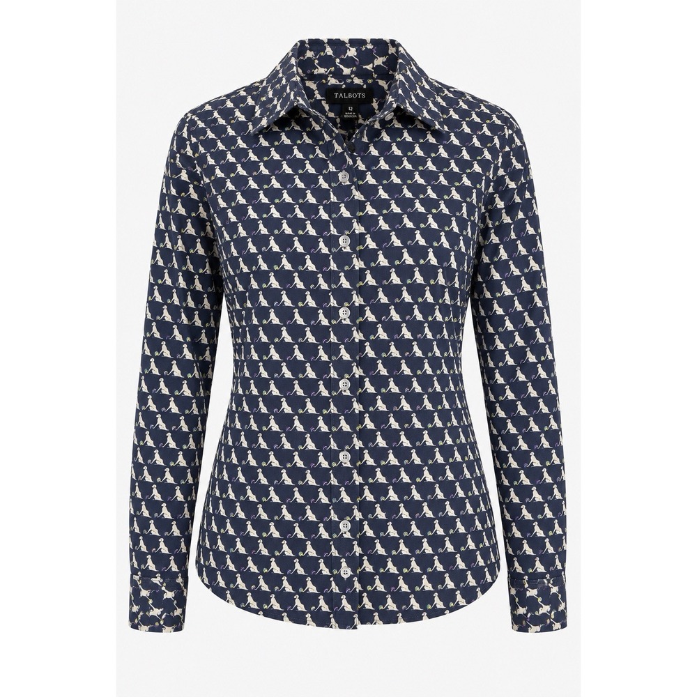 Talbots Shirt Women 12 Navy Dog Print 100% Cotton Button Down Novelty Preppy